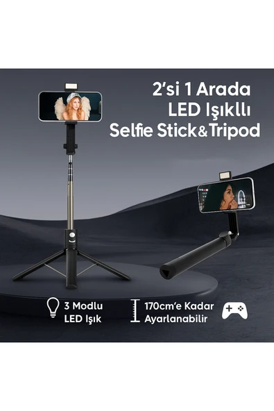 Coverzone 2in1 Selfie Stick Tripod 170cm Uzatılabilir, Bluetooth Kumanda, 3 Modlu LED Işık, Type-C | NP-01S ürün görseli 1