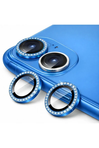 Coverzone İPhone 11 / 12 / 12 Mini İle Uyumlu Parlak Taşlı Mavi Özel Tasarım Kamera Lens Koruyucu ürün görseli 1