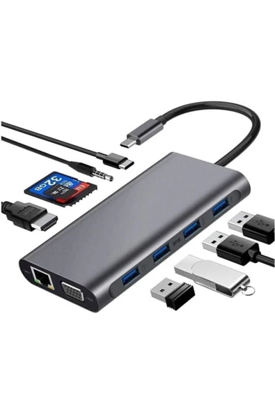Coverzone Type-C To HDMI Adaptör 11 In1 4USB 3.0 4K HDMI VGA Type C RJ45 Ethernet SD TF Kart Okuyucu 3.5mm AU ürün görseli 1