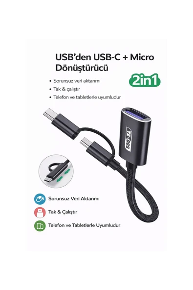 Coverzone USB OTG Adaptör USB to USB-C Micro USB Dönüştürücü Flash Disk Klavye Mouse | TD-C3301 ürün görseli 1
