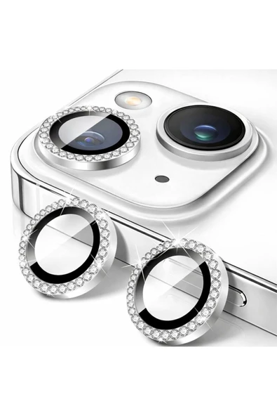 Coverzone İPhone 13 / 13 Mini İle Uyumlu Parlak Taşlı Gümüş Özel Tasarım Kamera Lens Koruyucu ürün görseli 1