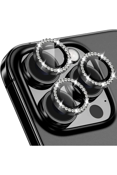 Coverzone İPhone 16 Pro / 16 Pro Max İle Uyumlu Parlak Taşlı Siyah Özel Tasarım Kamera Lens Koruyucu ürün görseli 1