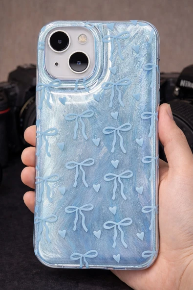 Coverzone İPhone 15 İle Uyumlu Hologramlı Kurdele Desenli Sert Şık Telefon Kılıfı Mavi İdb-264 ürün görseli 1