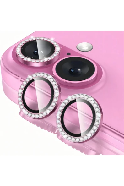 Coverzone İPhone 16 / 16 Plus İle Uyumlu Parlak Taşlı Pembe Özel Tasarım Kamera Lens Koruyucu ürün görseli 1