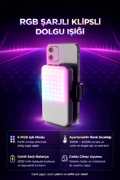 Coverzone Taşınabilir RGB LED Dolgu Işığı 6 Renk 3000-6500K Ayarlı Şarjlı Canlı Yayın | F615 ürün görseli 1