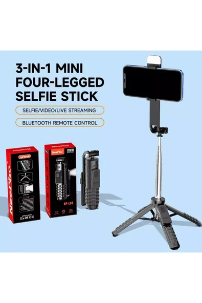 Coverzone Mini Dört Ayaklı Selfie Çubuğu Tripod Bluetooth Kumandalı 85cm Uzayan Telefon Tutucu | NP-L8S ürün görseli 1