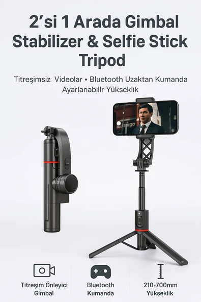 Coverzone Gimbal Selfie Stick Tripod - 2’si 1 Arada, 700mm Ayarlı, Titreşim Önleyici, Katlanabilir | L19 ürün görseli 1