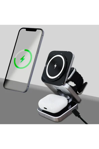 Coverzone Magsafe Uyumlu 3in1 Kablosuz Şarj Cihazı iPhone Uyumlu Watch Uyumlu Masaüstü Portatif Katlanabilir ürün görseli 1