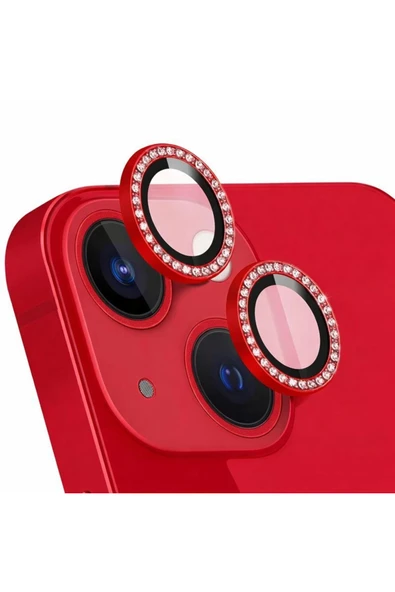 Coverzone İPhone 15 / 15 Plus İle Uyumlu Parlak Taşlı Kırmızı Özel Tasarım Kamera Lens Koruyucu ürün görseli 1