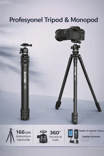 Coverzone 1.6m Profesyonel Fotoğraf Video Tripodu 5kg Taşıma 360° Panoramik Telefon Kamera Tutuculu | G600 ürün görseli 1