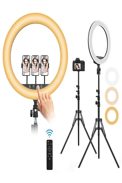 Coverzone 18 inch Halka ışık Tripodlu 3 Telefon Tutuculu Kumandalı Çift Usb Youtuber Makyaj ışığı ürün görseli 1
