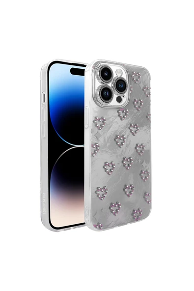 Coverzone İPhone 14 Pro Max İle Uyumlu Figürlü Ponti Silikon Telefon Kılıfı Gümüş Kalp ürün görseli 1
