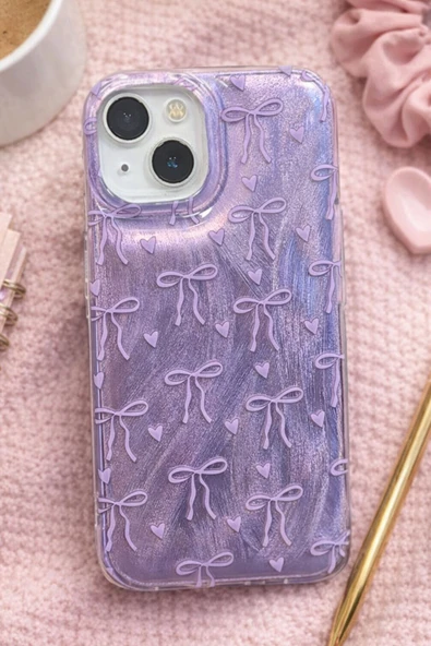 Coverzone İPhone 15 İle Uyumlu Hologramlı Kurdele Desenli Sert Şık Telefon Kılıfı Mor İdb-264 ürün görseli 1