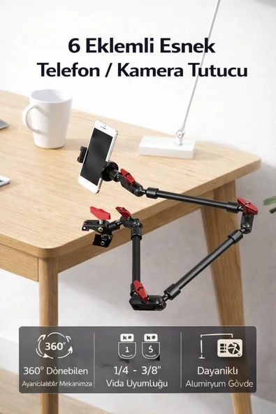 Coverzone Profesyonel 6 Eklemli Montaj Kolu 20-80cm Alüminyum 360° Dönebilen Telefon Kamera LE777 ürün görseli 1