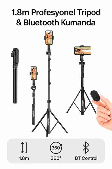 Coverzone 1.8m Ayarlanabilir Telefon Tripodu 360° Dönebilen Tutucu Bluetooth Kumandalı Hafif Selfie | Z3 ürün görseli 1