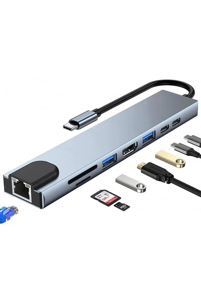 Coverzone 8 in 1 Type C to 2 Port USB 3.0 2 SD Micro Kart HDMI RJ45 2PD Type C Çevirici Macbook Notebook ZR38 ürün görseli 1