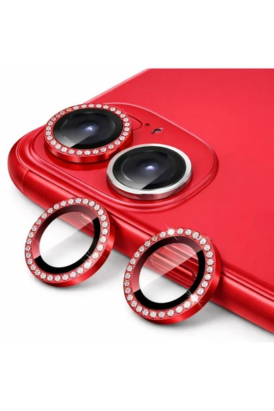 Coverzone İPhone 11 / 12 / 12 Mini İle Uyumlu Parlak Taşlı Kırmızı Özel Tasarım Kamera Lens Koruyucu ürün görseli 1