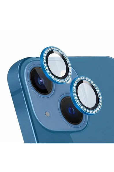 Coverzone İPhone 14 / 14 Plus İle Uyumlu Parlak Taşlı Mavi Özel Tasarım Kamera Lens Koruyucu ürün görseli 1