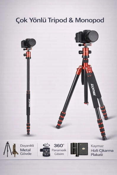 Coverzone 165cm Profesyonel Fotoğraf Tripodu 360° Bilye Başlık 13kg Taşıma Monopod Telefon Tutucu | Z818 ürün görseli 1