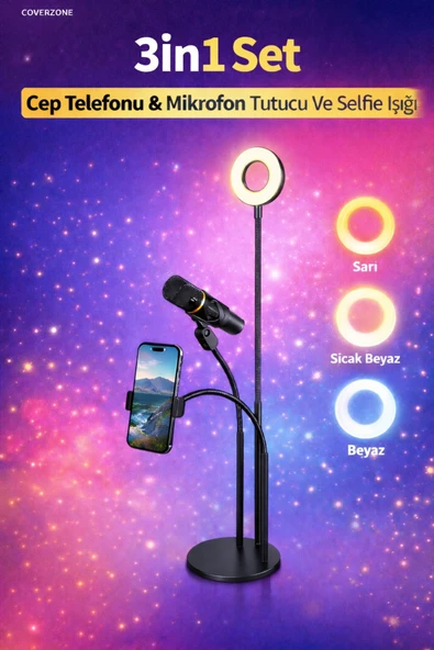 Coverzone 3in1 Youtube Set Cep Telefonu & Mikrofon Tutucu Ve Selfie Işığı ürün görseli 1