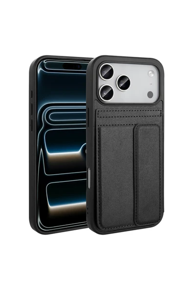 Coverzone İphone 17 Pro İle Uyumlu Deri Kartlıklı Sevilla Kartlık Hazneli Şık Telefon Kılıfı-Siyah ürün görseli 1