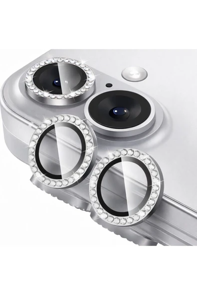 Coverzone İPhone 17 İle Uyumlu Parlak Taşlı Gümüş Özel Tasarım Kamera Lens Koruyucu ürün görseli 1