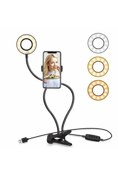 Canderel Led Ring Light Youtuber Stüdyo Işığı Akrobat Selfie Led Masa Lamba 3 Renk Işıklı 2in1 telefon tutucu ürün görseli 1