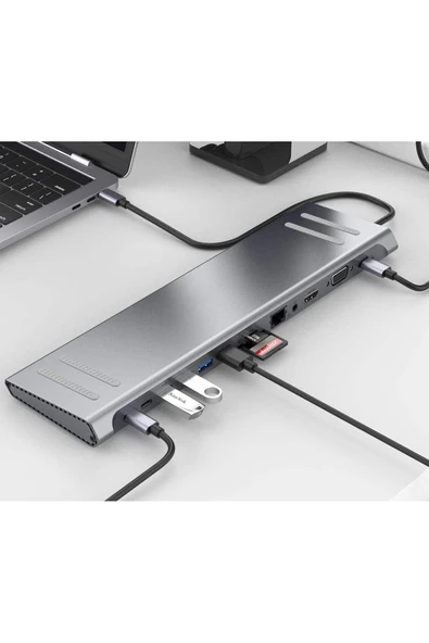Coverzone 14in1 Type-C to Dock İstasyonu HDMI VGA PD(3.0), 4 * USB, 2 * USB C, 10 / 100M Gigabit Adaptör 9199A ürün görseli 1
