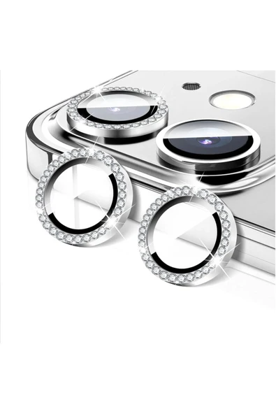 Coverzone İPhone 11 / 12 / 12 Mini İle Uyumlu Parlak Taşlı Gümüş Özel Tasarım Kamera Lens Koruyucu ürün görseli 1