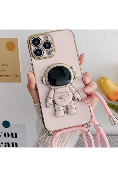 Coverzone iPhone 14 Pro Max ile Uyumlu Ipli Boyun Askılı Astronot Figürlü Silikon Kılıf Pastel Renkli Kılıf ürün görseli 1