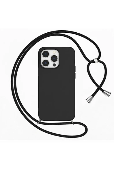 Coverzone iPhone 15 Pro Max ile uyumlu İpli Boyun Askılı Silikon Kılıf Kadife iç Yüzeyli Epiphany Kılıf Siyah ürün görseli 1