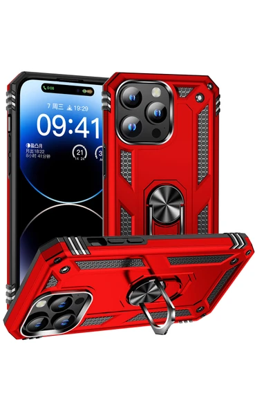 Coverzone iPhone 15 Pro Max ile Uyumlu Kılıf Z-vega Shockproof Standlı Yüzük Tutuculu Mega Case Kapak Kırmızı ürün görseli 1