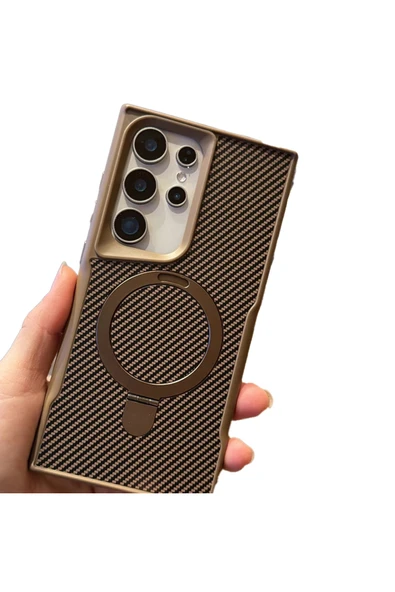 Coverzone Galaxy S25 Plus ile uyumlu Kılıf Karbon Fiber Görünümlü Magsafe ile uyumlu Stand olabilen Carbon ürün görseli 1