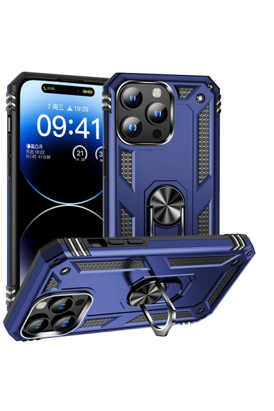 Coverzone iPhone 15 Pro Max ile Uyumlu Kılıf Z-vega Shockproof Standlı Yüzük Tutuculu Mega Case Kapak Mavi ürün görseli 1
