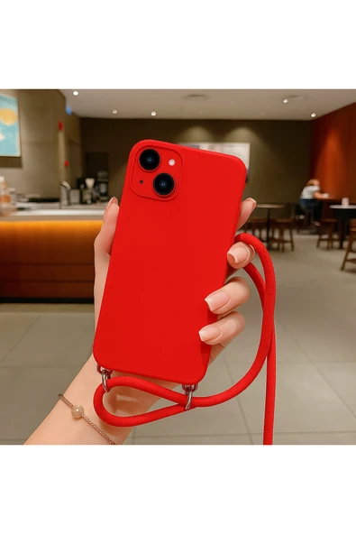 Coverzone iPhone 13 ile uyumlu İpli Boyun Askılı Silikon Kılıf Kadife iç Yüzeyli Epiphany Kılıf Kırmızı ürün görseli 1
