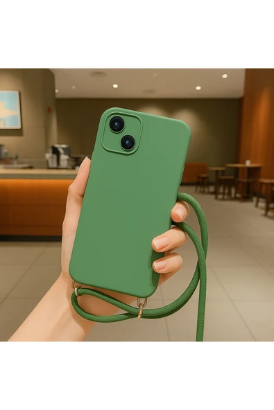 Coverzone iPhone 13 ile uyumlu İpli Boyun Askılı Silikon Kılıf Kadife iç Yüzeyli Epiphany Kılıf Yeşil ürün görseli 1