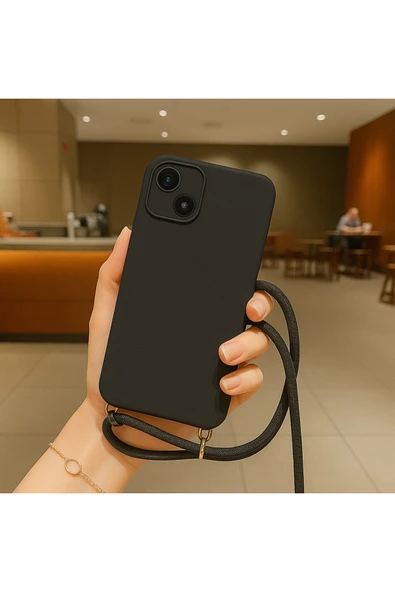 Coverzone iPhone 15 ile uyumlu İpli Boyun Askılı Silikon Kılıf Kadife iç Yüzeyli Epiphany Kılıf Siyah ürün görseli 1