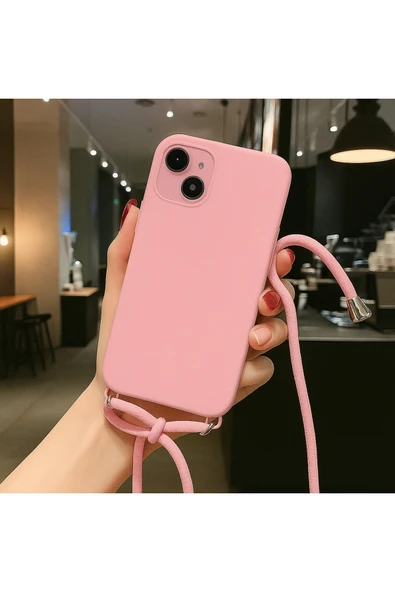 Coverzone iPhone 12 ile uyumlu İpli Boyun Askılı Silikon Kılıf Kadife iç Yüzeyli Epiphany Kılıf Pembe ürün görseli 1