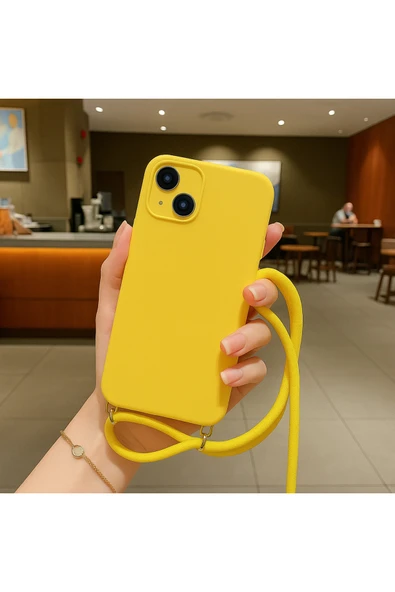 Coverzone iPhone 14 ile uyumlu İpli Boyun Askılı Silikon Kılıf Kadife iç Yüzeyli Epiphany Kılıf Sarı ürün görseli 1