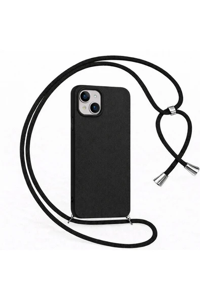 Coverzone iPhone 14 Plus ile uyumlu İpli Boyun Askılı Silikon Kılıf Kadife iç Yüzeyli Epiphany Kılıf Siyah ürün görseli 1