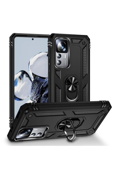 Coverzone Xiaomi Mi 12T Pro ile uyumlu Kılıf Z-Vega Shockproof Standlı Yüzük Tutuculu Mega Case Kapak Siyah ürün görseli 1