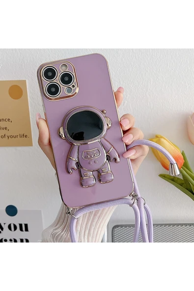 Coverzone iPhone 12 Pro ile Uyumlu Ipli Boyun Askılı Astronot Figürlü Silikon Kılıf Pastel Renkli Kılıf ürün görseli 1