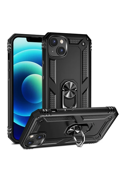 Coverzone iPhone 15 ile Uyumlu Kılıf Z-vega Shockproof Standlı Yüzük Tutuculu Mega Case Kapak Siyah ürün görseli 1