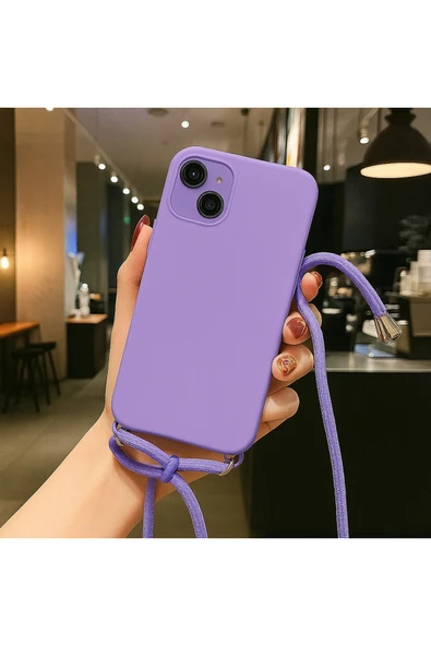 Coverzone iPhone 12 ile uyumlu İpli Boyun Askılı Silikon Kılıf Kadife iç Yüzeyli Epiphany Kılıf Lila ürün görseli 1