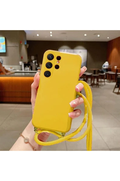 Coverzone iPhone 14 Plus ile uyumlu İpli Boyun Askılı Silikon Kılıf Kadife iç Yüzeyli Epiphany Kılıf Sarı ürün görseli 1
