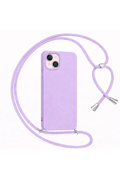 Coverzone iPhone 14 ile uyumlu İpli Boyun Askılı Silikon Kılıf Kadife iç Yüzeyli Epiphany Kılıf Lila ürün görseli 1