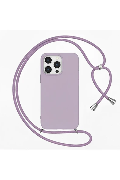 Coverzone iPhone 15 Pro Max ile uyumlu İpli Boyun Askılı Silikon Kılıf Kadife iç Yüzeyli Epiphany Kılıf Lila ürün görseli 1