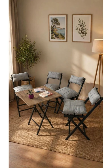 Sofmina Minderli Balkon Bahçe Mutfak Bistro Set Katlanır 4+1 Masa-sandalye Gri ürün görseli 1