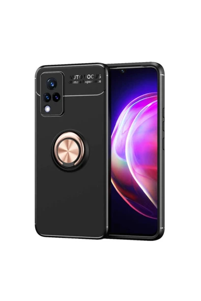 Coverzone Vivo V21  uyumlu  Yüzük Tutuculu Mıktanıslı , Standlı Novel Silikon Kılıf Siyah-rosegold ürün görseli 1