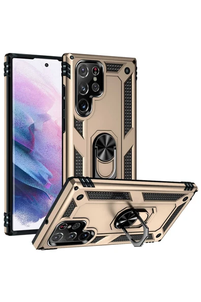 Coverzone Galaxy S22 Ultra Ile Uyumlu Kılıf Shockprof Yüzük Tutuculu Vega Gold ürün görseli 1